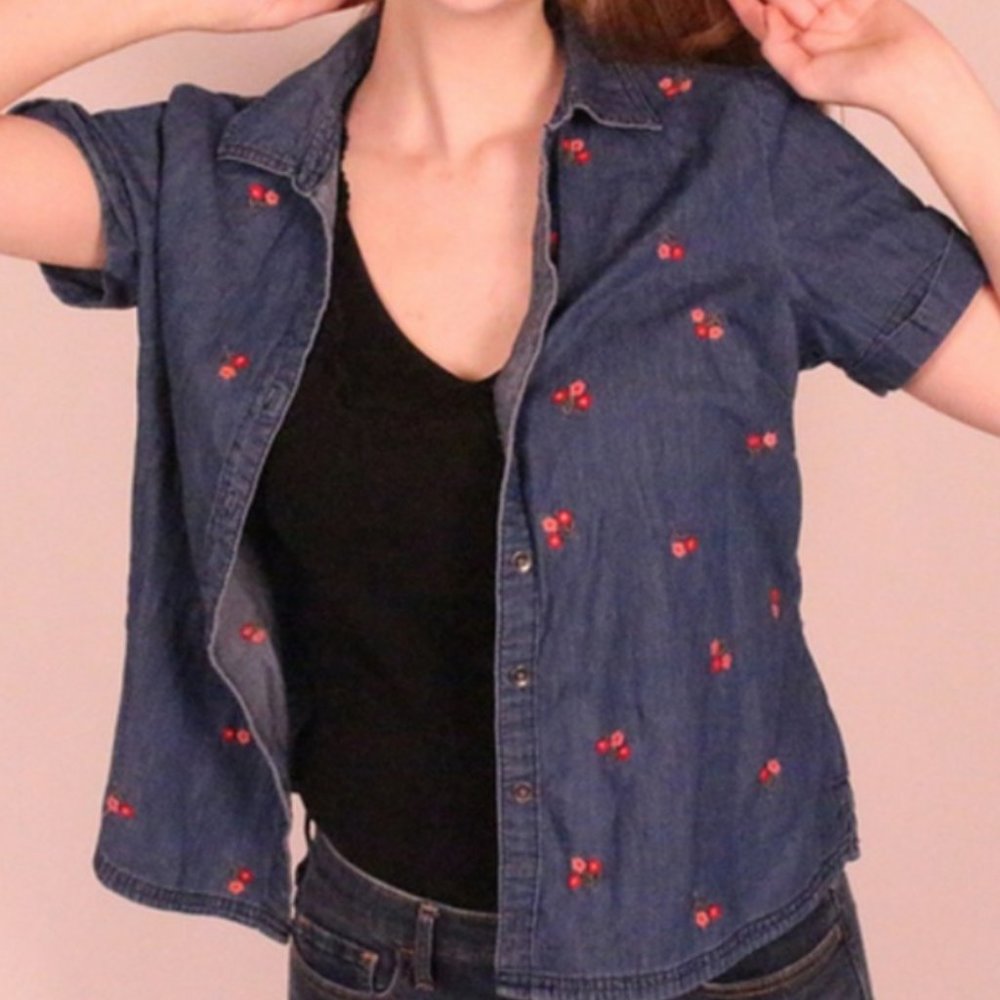 Blue Button Down With Floral Embroidery